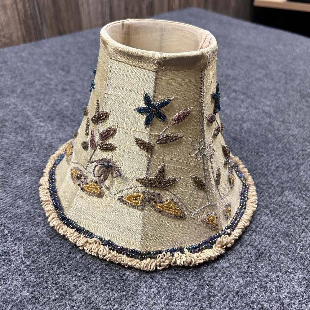 VTG Floral Beige Brocade LampShade w/Sewn on Beads & Silk Lining 9" W x 6" T